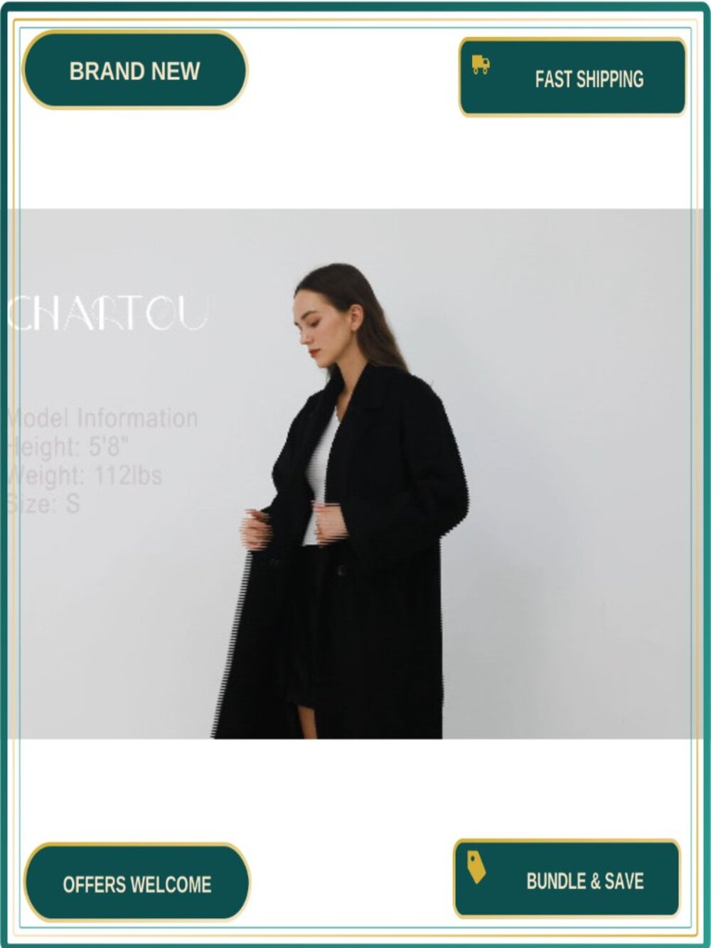 Oversized Wool Blend Notch Collar Midi Trench Coat Loose Fit - Picture 6 of 6